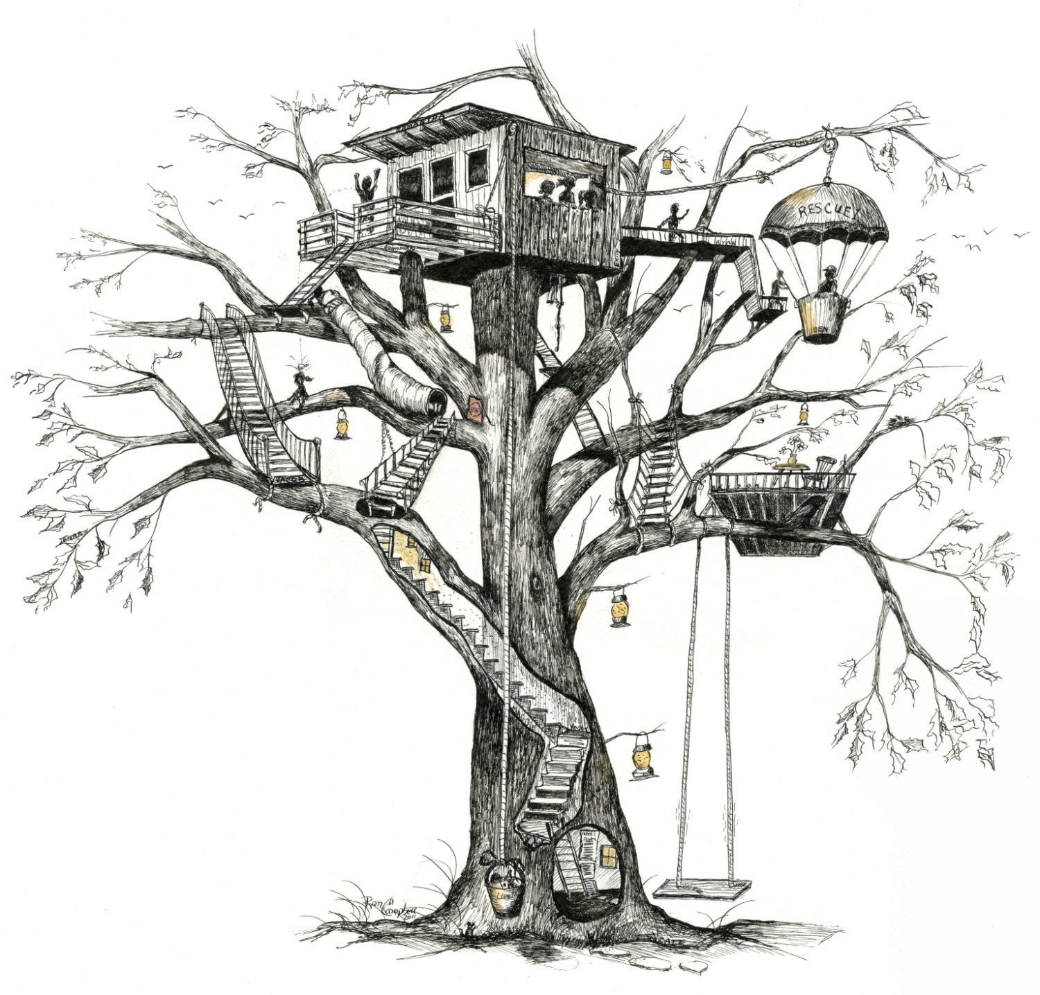 tree drawings tumblr Treehouse whimsy & house tree Pen Ink fireflies and