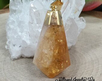 Citrine Point Pendant, Citrine Pendants, Citrine Charms, Natural Stone Pendants, Teardrop Point, Gold Plated, PG2636