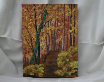 Autumn Trees, Path through Woods Landscape Trees , Original ACRYLIC Painting, on Box Canvas, Acrylic Landscape 9 by12 inches, Ready to hang