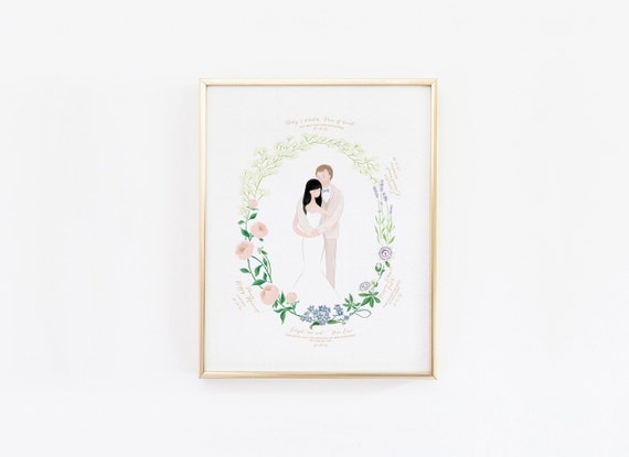 Custom Couple Wedding Illustration Love Story Flowers Meaning