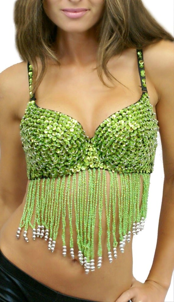 Women's Lime Green Sequin Tassel Bead Bra by RaveWonderlandStore