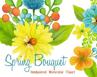 invitation florals clipart, watercolor flowers bees and honey graphics florals for invites, wedding watercolor clipart spring bouquet