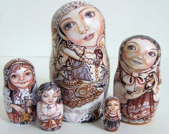 5pcs Hanpainted One of a KInd Russian Nesting Doll "Little Girls" by Chemeleva