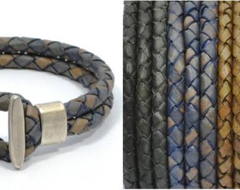 Mens braided leather bracelet, men leather bracelet, gifts for him, denim blue bracelet, sterling silver plated hook clasp