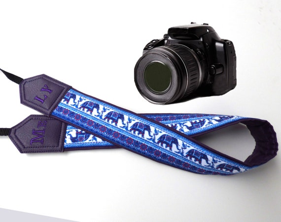 Lucky Me camera strap. Custom Camera Strap .Dark purple Elephant camera strap. DSLR Camera Strap. For Fuji Nikon Canon Sony & other cameras.