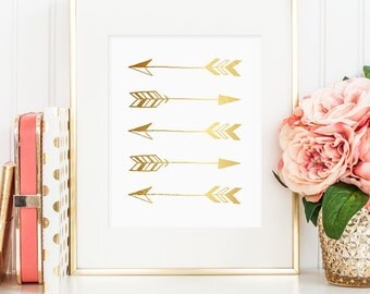 Gold arrow print, tribal print with gold foil art great in tribal themed home, arrow printable, gold tribal wall hanging, bedroom decor