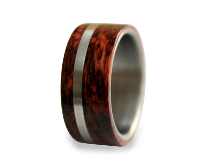 Titanium mens ring off-center band with snakewood