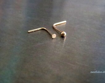 14k Gold Nose Stud, Teeny Tiny Flat or Ball Nose Ring, Screw or L Bend - Solid Gold Super Thin 24 Gauge Post - 100% Made in USA