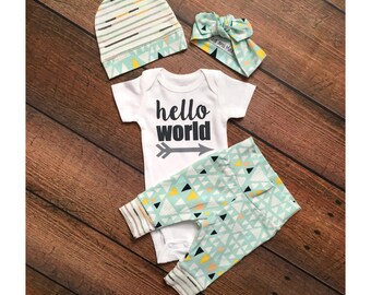 Newborn Baby Gender Neutral coming home outfit Tiny Mountain theme going home set hello world baby shower gift coming home from the hospital