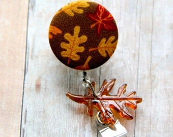 Fall Leaf ID Badge Holder with Dangle Beads- ID Badge Reel - Fall Season- Badge Pull