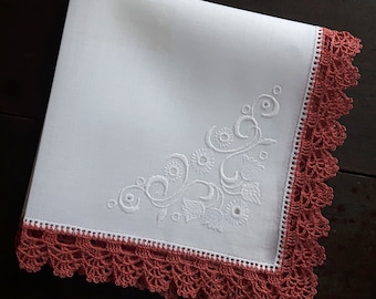 White cotton handkerchief with pink crocheted border