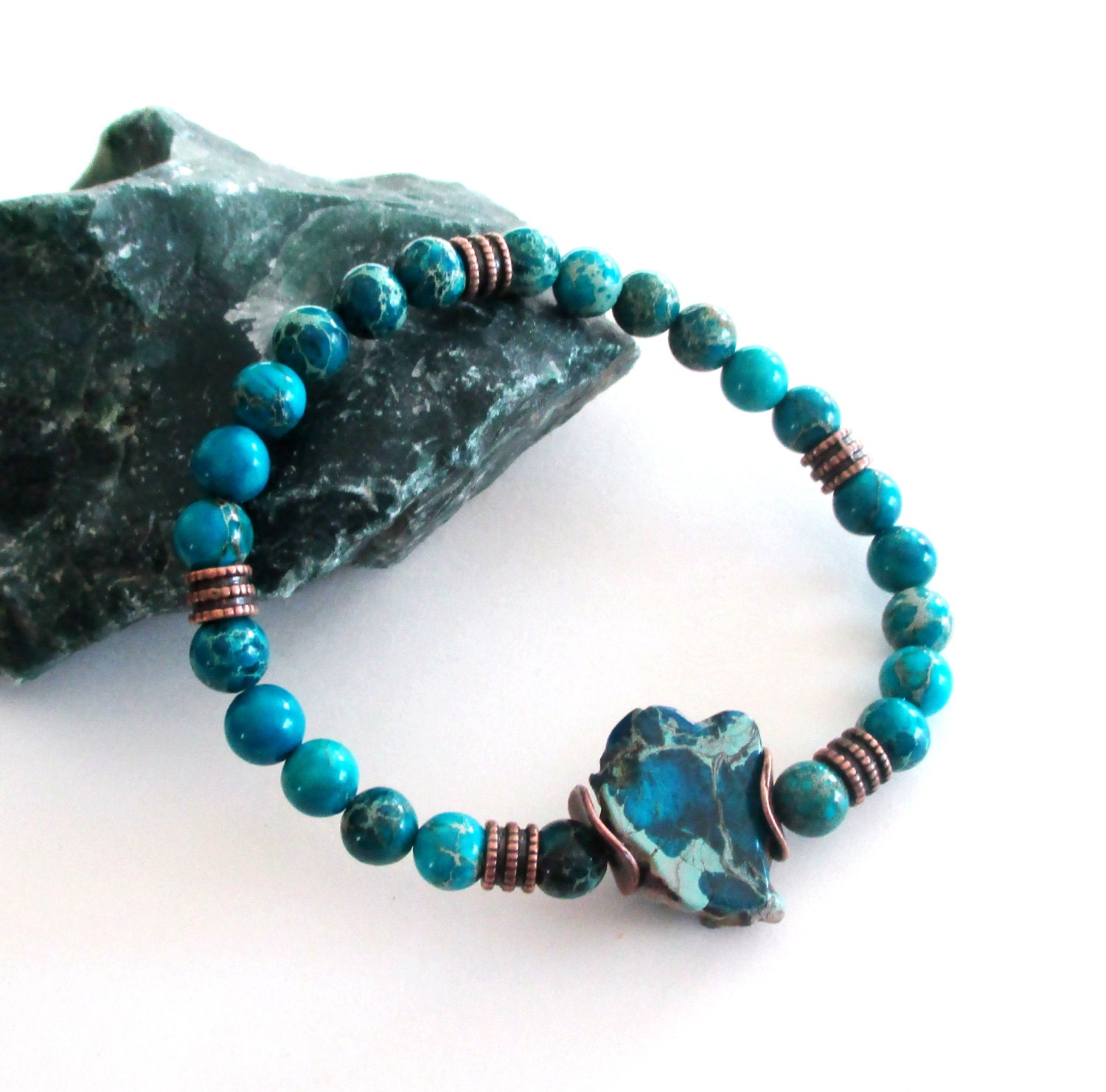 Blue Slab Bracelet Variscite Beaded Elastic Stretchy