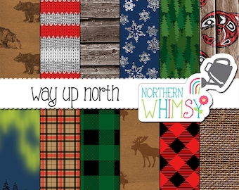 Winter Digital Paper – northern themed scrapbook paper in red, green & navy - Alaska digital paper - Canada digital paper - commercial use