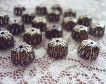 Closeout! 50 Antique Bronze Filigree Dome Caps. 6 Double Petals. 10x5mm Adjustable, Pliable, Stamped Filigree Caps. ~USPS Ship Rates