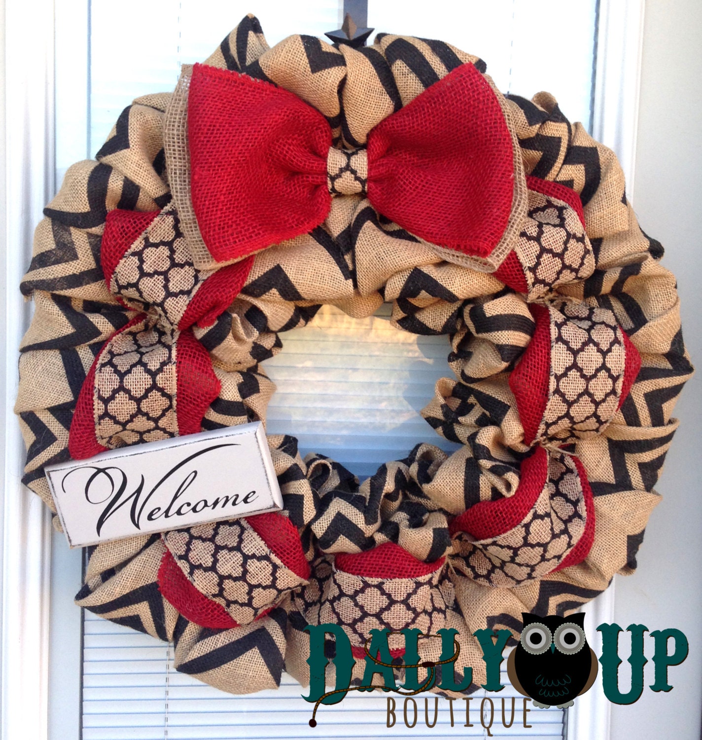 Burlap Wreath - Red, Black and Natural Chevron - Chevron Red Wreath -  Home Decor -  Everyday Wreath - Welcome Wreath