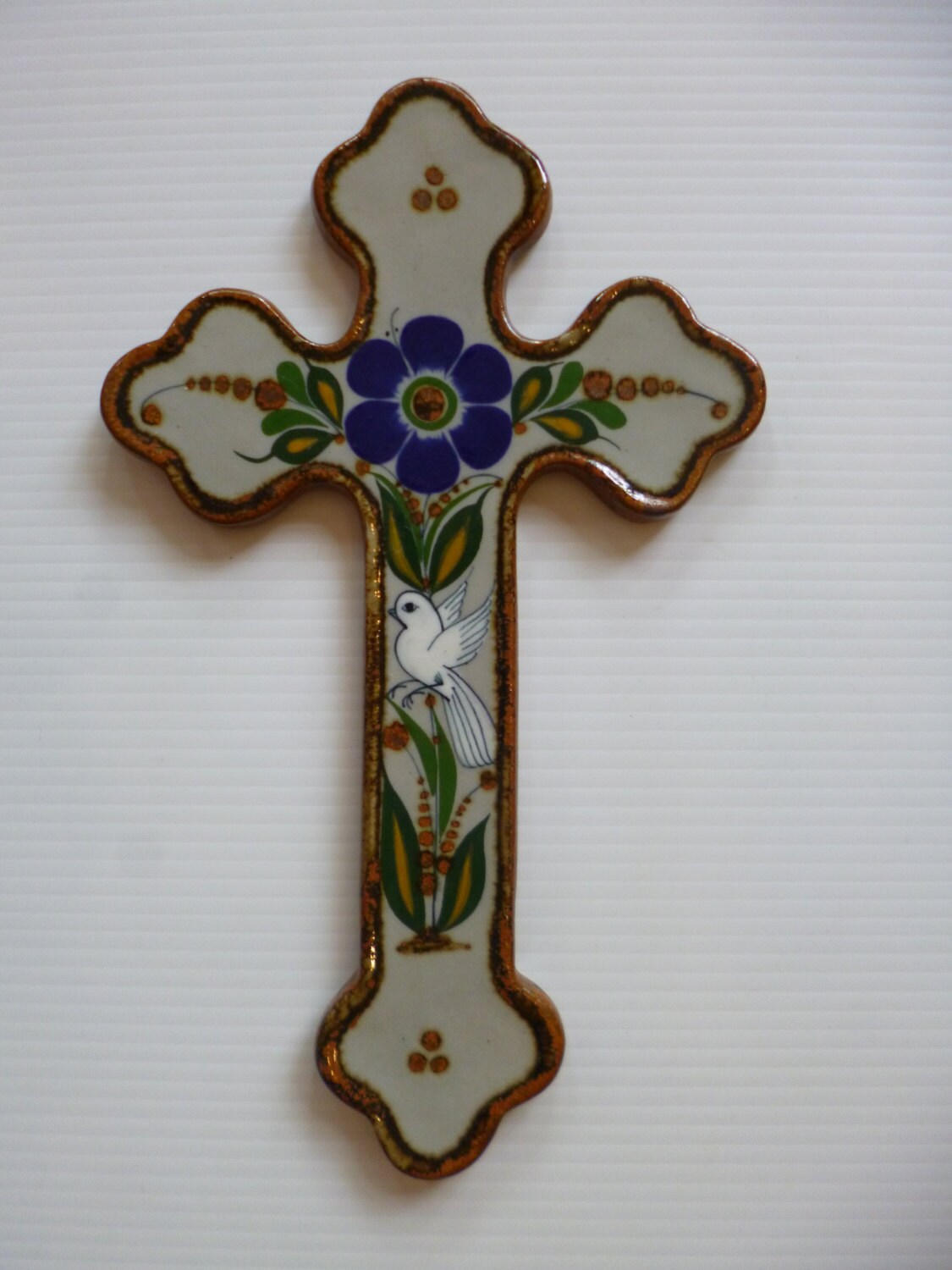 Vintage Ceramic Cross Folk Art Wall Hanging with Blue Daisy