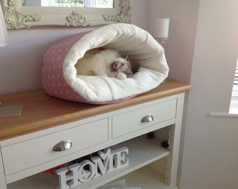 Round snuggle tunnel pet bed, cat bed, small dog bed hand made luxury fleece lined