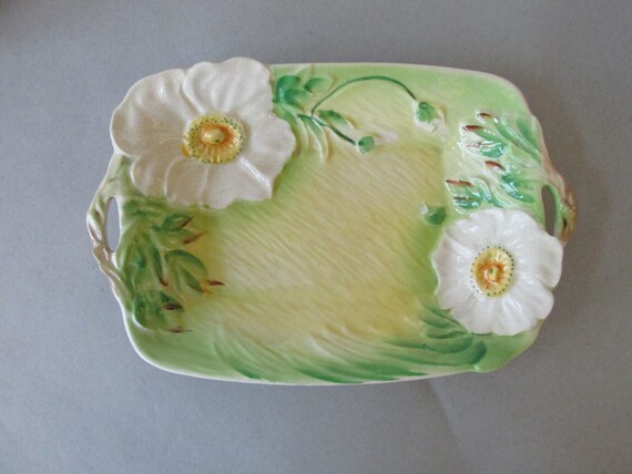 Vintage Peony Ware Handled Dish white peony flowers on green