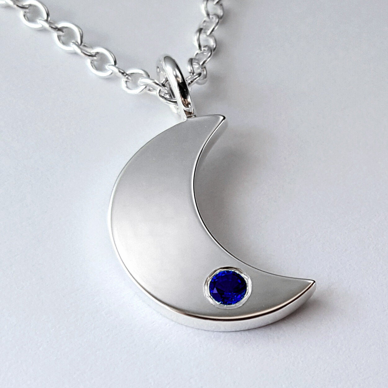 Blue Sapphire Moon Necklace Pendant In Sterling Silver