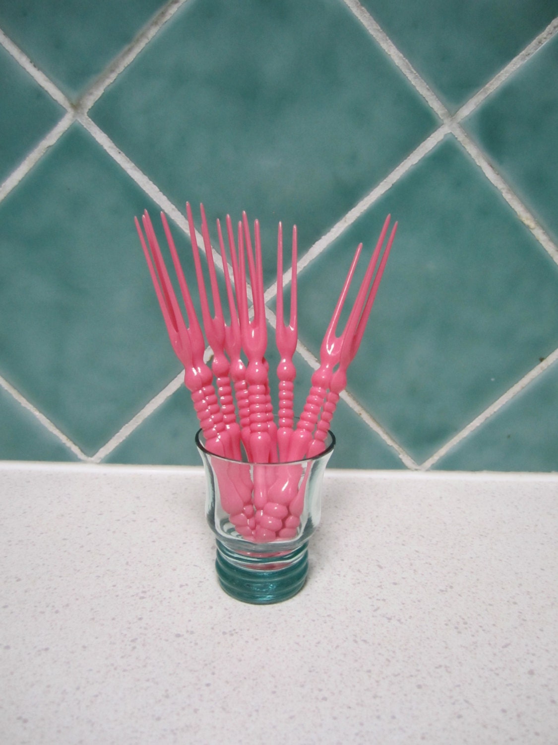 9 Vintage Pink Cocktail Forks 1970’s Haute Juice