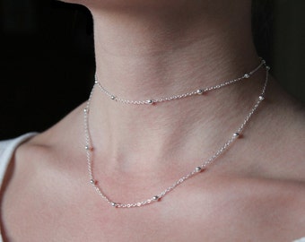 Double Wrap Layered Silver Ball Chain Necklace // Silver Beads Chain Necklace //Multi Strand Long Necklace Silver Chain