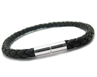 Mens Braided leather Bracelet with Sterling Silver Push and Twist Clasp - Brown