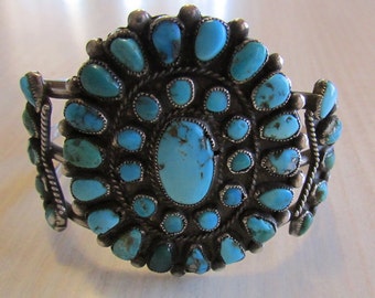 Vintage Native American Sterling Silver and Turquoise Cluster Bracelet