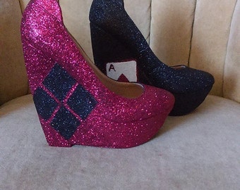 Custom made sizes 5.5-11 comic book Harley quinn heels. red Harley quinn. burgundy Harley quinn. short heels. Tall heels