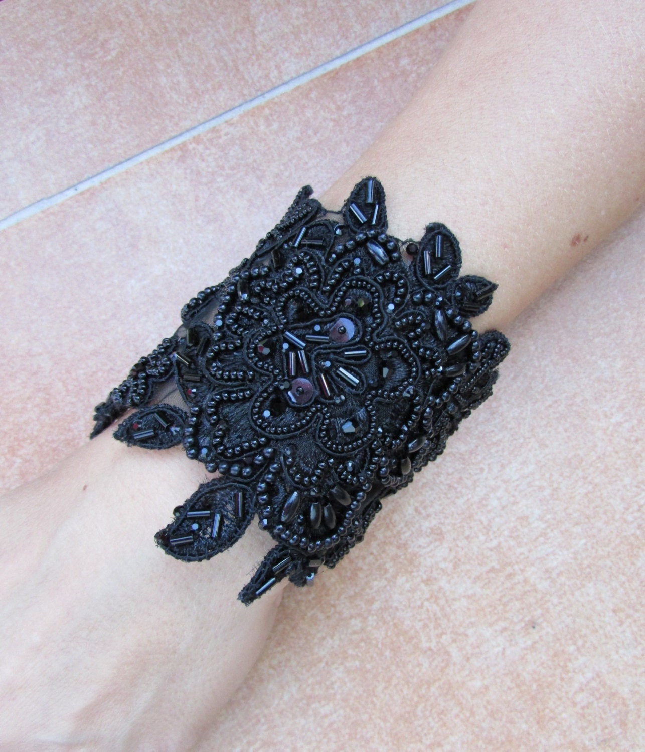 Black lace flower bracelet Lace Cuff with bead by NevelynkaNasha