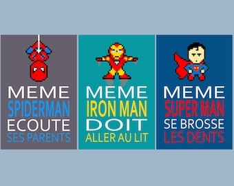 3 posters with superman, iron man, spiderman, humour, children wall art, bathroom