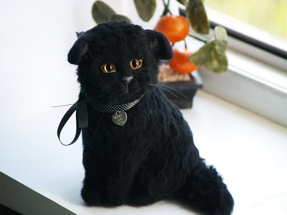 Black cat needle felt art doll Scottish fold black cat