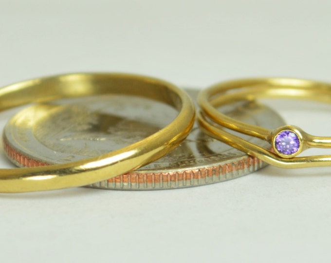 Tiny Amethyst Ring Set, Solid 14k Gold Wedding Set, Amethyst Stacking Ring, Solid 14k Gold Amethyst Ring, Bridal Set, February Birthstone