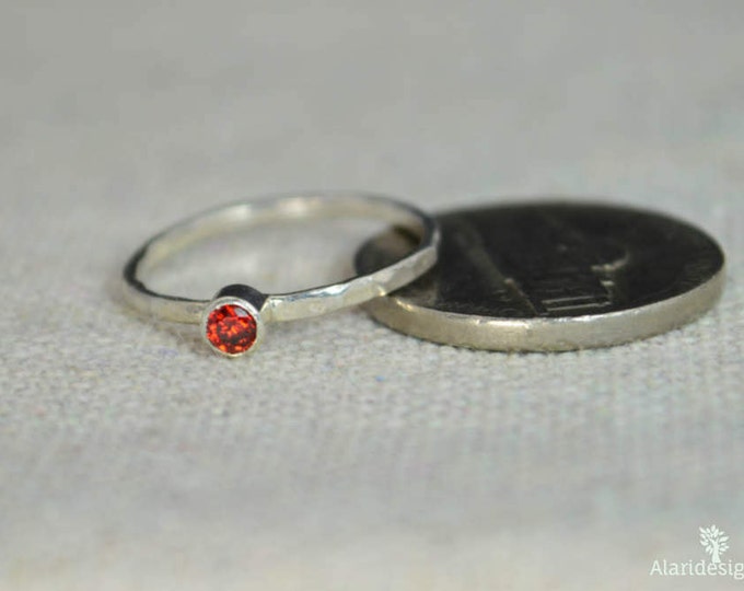 Classic Sterling Silver Garnet Ring, 3mm Silver Solitaire, Red Ring, Silver Jewelry, January Birthstone, Mothers Ring, Silver Band