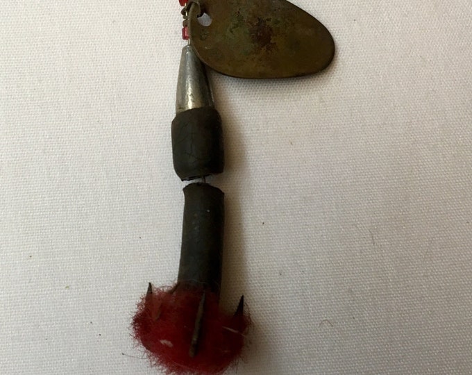 Storewide 25% Off SALE Vintage Metal Shaft Spinner Fishing Lure Hook Featuring Black Segments With Red Plumage Design End