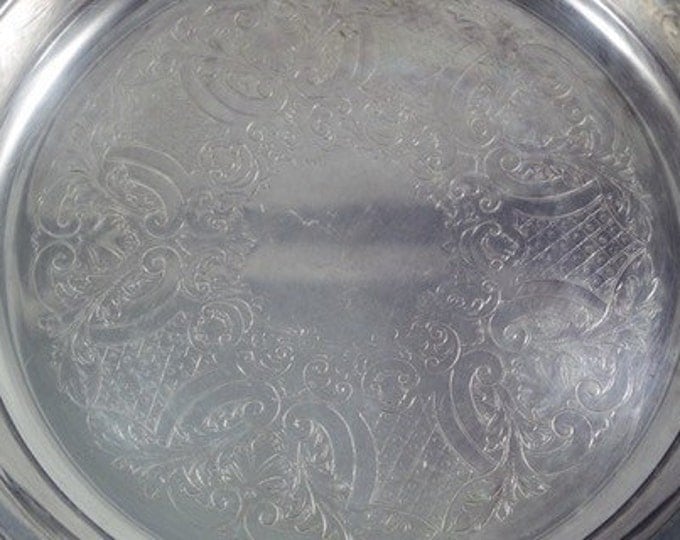 Storewide 25% Off SALE Vintage Sheridan Silver Plated Enscribed Finish Round Serving Tray Featuring Thick Victorian Garland Trim & Engraved