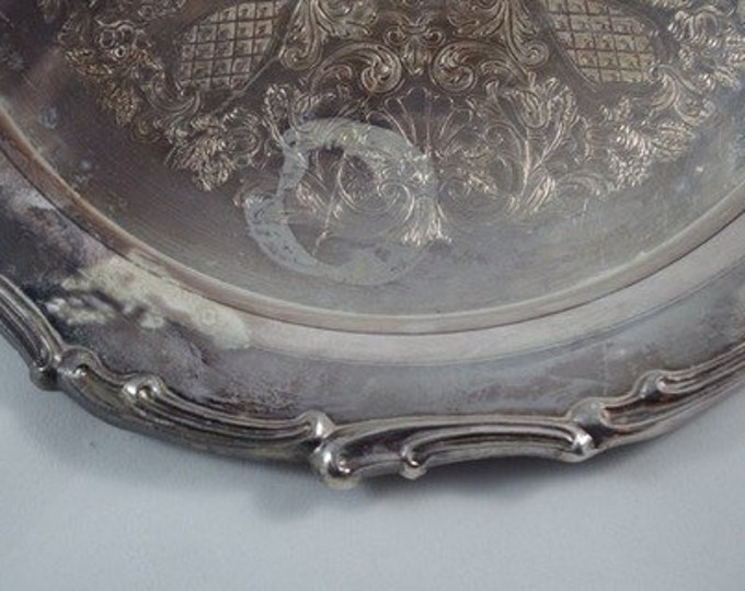 Storewide 25% Off SALE Vintage Unmarked Silver Plated Enscribed Finish Round Serving Tray Featuring Delicate Victorian Garland Trim & Engrav