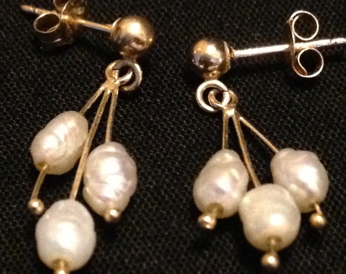 Storewide 25% Off SALE Vintage 14k Gold Chandelier Designer Pierced Earrings Featuring Unique Suspended Baroque Pearl Accents