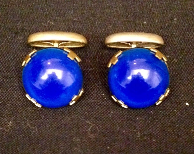 Storewide 25% Off SALE Vintage Stationary Brass Polished Blue Cobalt Robbins Egg Style Cufflink Set Featuring Marble Inspired Design