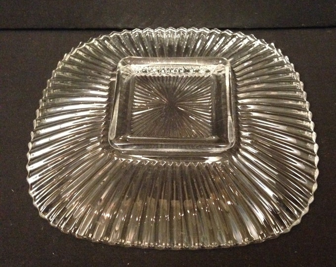 Storewide 25% Off SALE Vintage Mid Century Crystal Cut Patterned Glass Cookie Plate Featuring Clean Straight Lines With Raised Pattern Desig