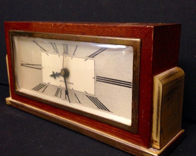 Storewide 25% Off SALE Vintage Seth Thomas Baxter Clock With Stained Oak Wood Finish Featuring Art Deco Rectangular White Face & Brass Accen
