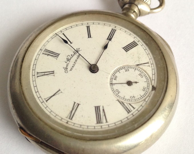 Storewide 25% Off SALE Vintage Silver Tone AM Watch Co. Waltham Mechanical Pocket Watch With Stopwatch Dial Featuring White Face & Roman Mar
