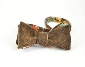 Brown wool & mint floral coton bow tie - double sided