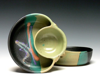 Pair of Personal Chip Dips, Stoneware Chip Dip, Pottery Chip and Dip, Canapé Dish