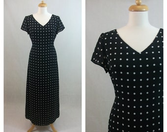 90s vintage long dress. LIZ CLAIBORNE VILLAGER by black white polka dot dress. Long dress. Maxi dress. Spring summer dress. Size M - L.