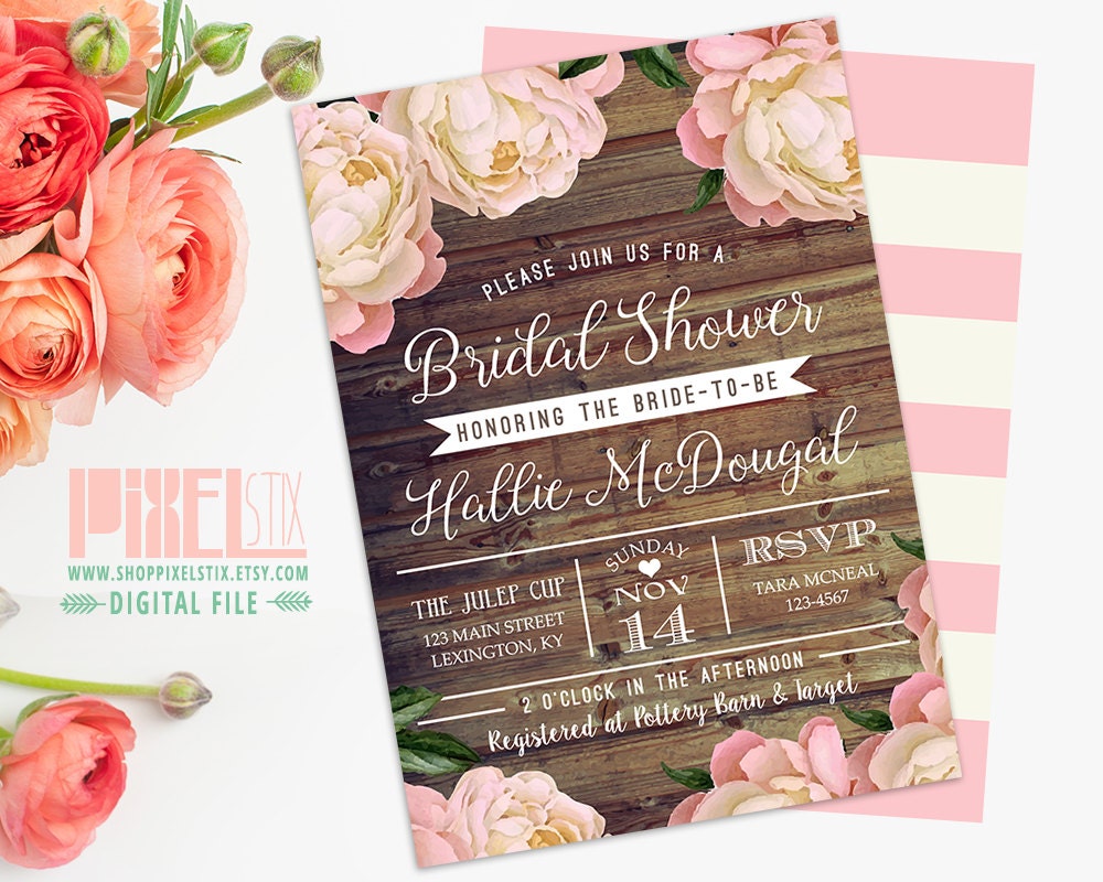 Rustic Bridal Shower Invitation Vintage Peony Barn Wood