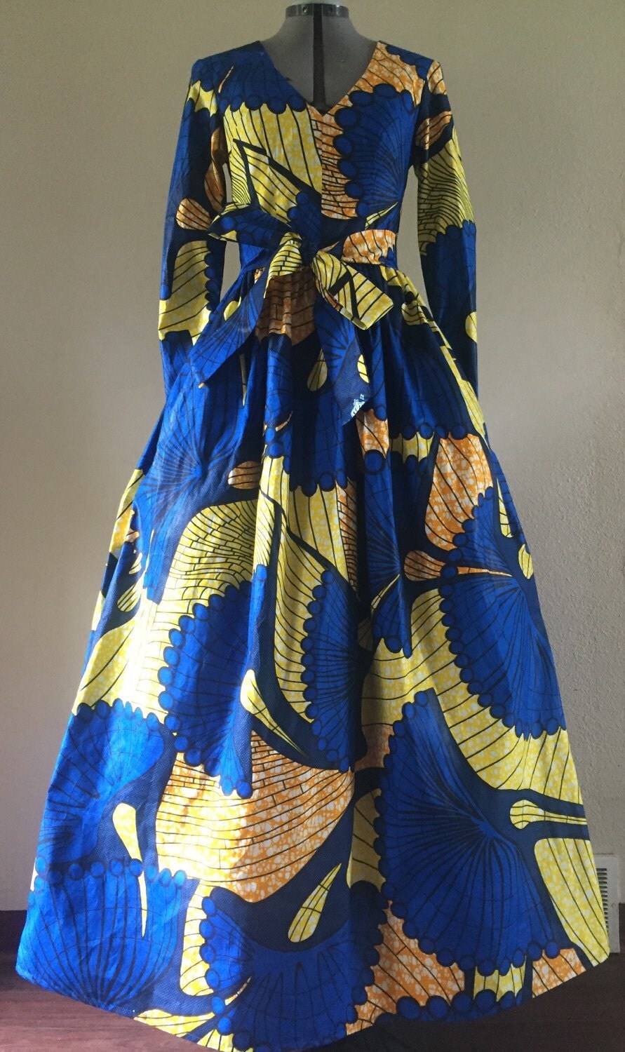 African Wax Print Long Sleeve Gown With Pckets Sash and