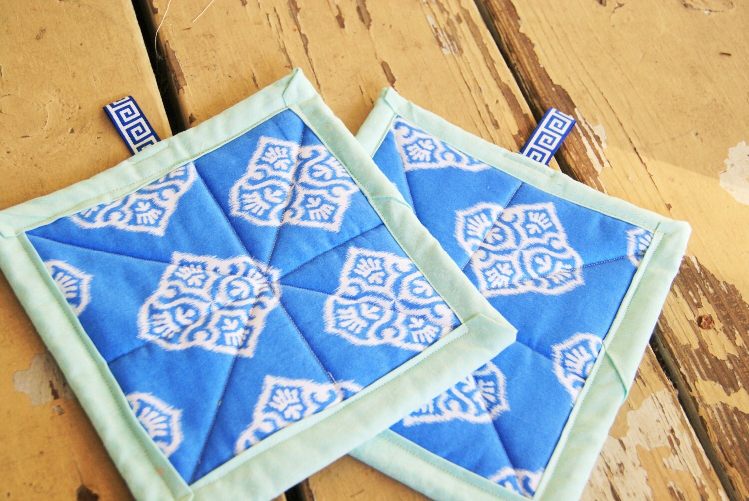 Fabric Hot Pads // Quilted Pot Holders // Blue Ikat Print with