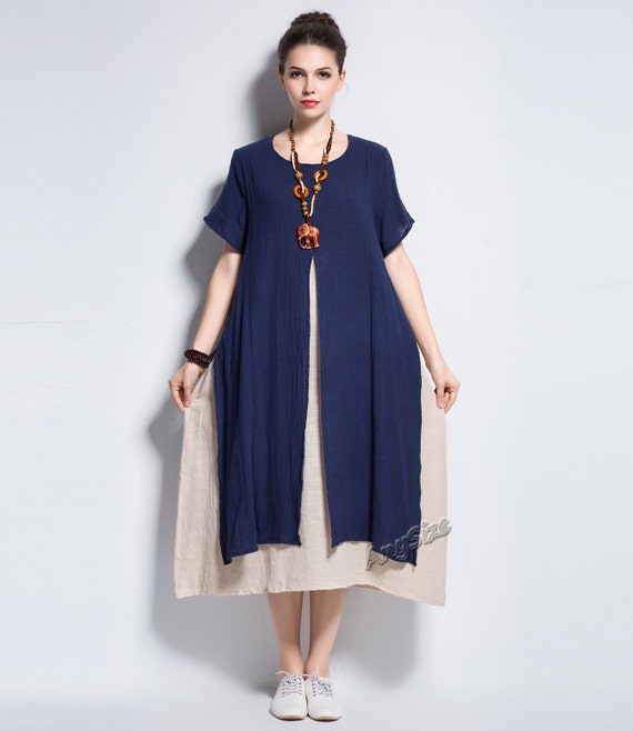 Anysize fake two piece slit design linen & cotton dress by AnySize