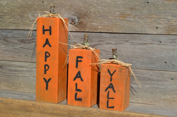 Happy Fall Yall Rustic Fall Decor Orange Wooden Pumpkins Handmade Reclaimed Barn Wood Block Set Country Thanksgiving Autumn Primitive