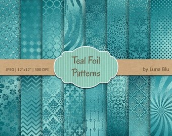 Teal Digital Paper: "Teal foil Patterns" turquoise digital paper, teal foil digital paper, Metallic Foil Paper, Teal Backgrounds